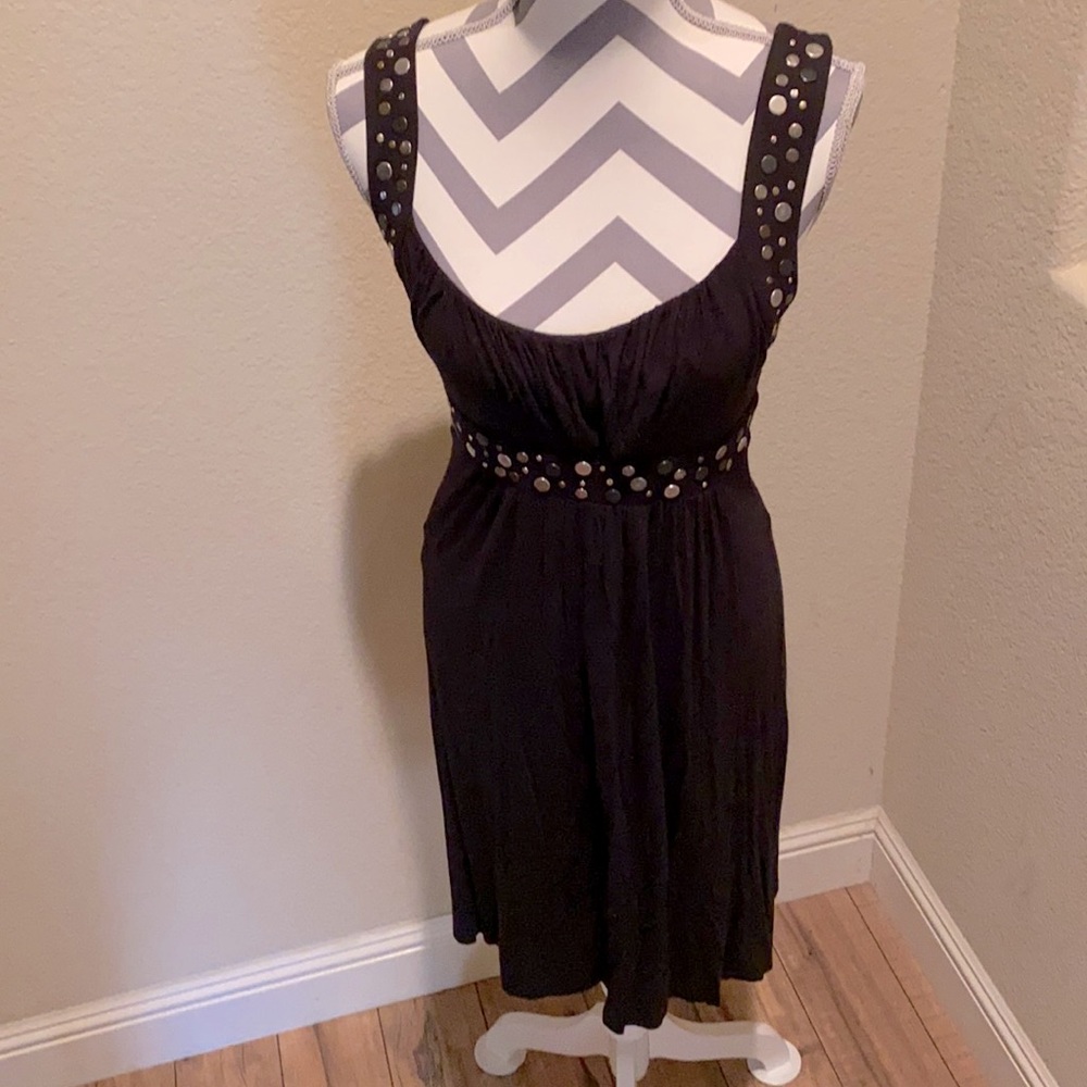 Black dress, midi, scoop neck, metal button,  around neckline